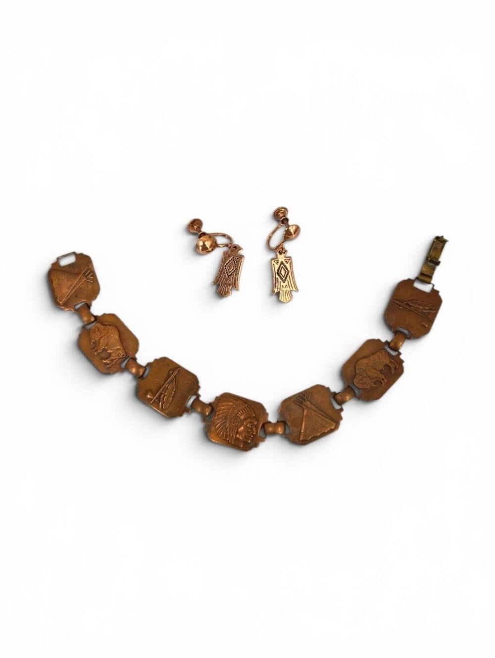 Vintage Copper Link Native American Motif Bracelet and Screw Back Earrings Set
